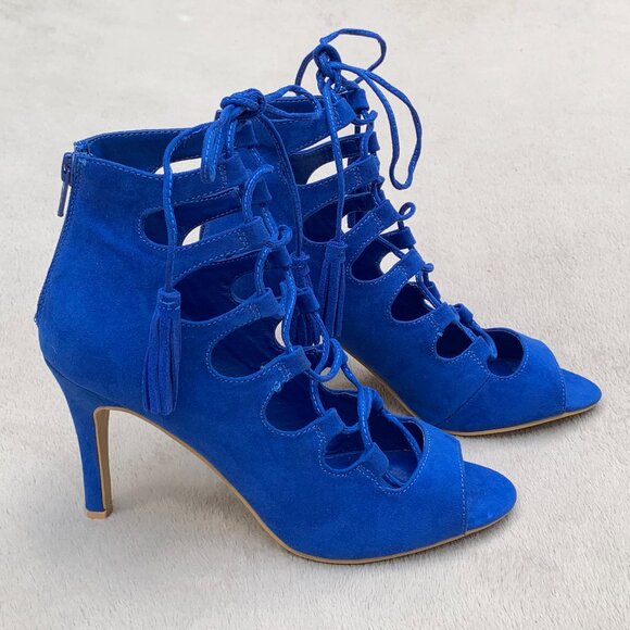 Nine West Briagd Faux Suede Lace Up Ghillie Peep Toe Stilettos Sz6 - Picture 8 of 15